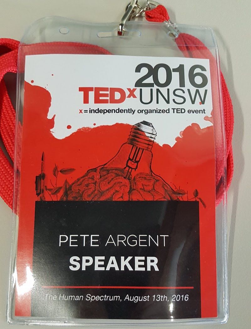 A photo of Pete Argent's TedX UNSW Speaker lanyard