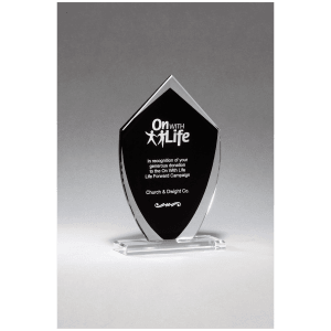 4 1/4" x 7 1/4" Shield Shaped Glass Award with Black Silkscreened Center Clear/Black 4 1/4" x 7 1/4" x 3/8" thick G2920E product view for custom decoration