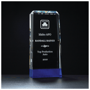 Premium Series Clear Crystal with Cobalt Blue Crystal Base Clear/Cobalt Blue 3 1/2" x 7 7/8" x 1 1/4" (at base) K9051E product view for custom decoration