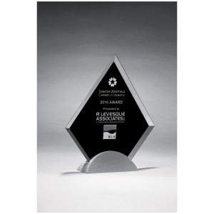 7 1/8" x 8 1/4" Diamond Shaped Glass Award, Black Silkscreen on Silver Metal Base Black/Silver 7 1/8" x 8 1/4" x 3/8" thick G2778E product view for custom decoration