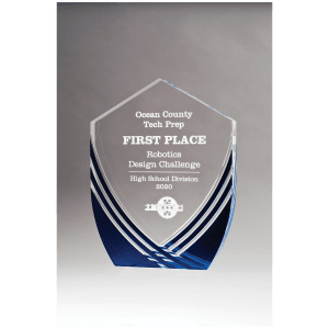 7 3/8" x 9 1/2" Shield Series Clear Acrylic with Polished Score Lines and Blue Metallic Accent