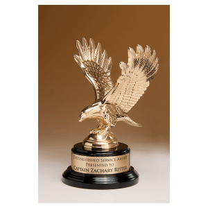 Fully Modeled Gold Finish Metal Eagle on a Black Piano Finish Base with a Gold Flex-Brass Plate Gold/Black 9" 1298E product view for custom decoration