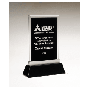 Rectangular Black Silkscreened Glass Award with Black Piano Finish Base Black/Clear 7 1/4" x 9 7/8" x 3/8" thick G3172E product view for custom decoration