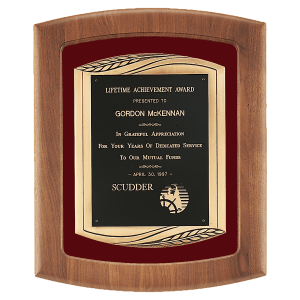 American Walnut Frame with Maroon Velour Background and Black Laser Engravaable Plate in an Antique Bronze Finished Frame Casting