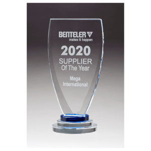 5" x 9 1/4" Chalice Series Sapphire Glass Award with Blue and Clear Glass Pedestal Base Clear/Blue 5" x 9 1/4" x 1/2" thick G2991E product view for custom decoration