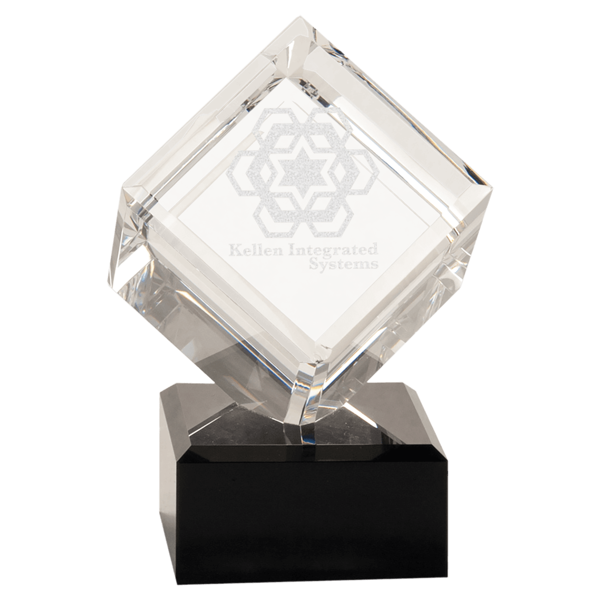 Clear Crystal Cube on Black Pedestal Base, product photo