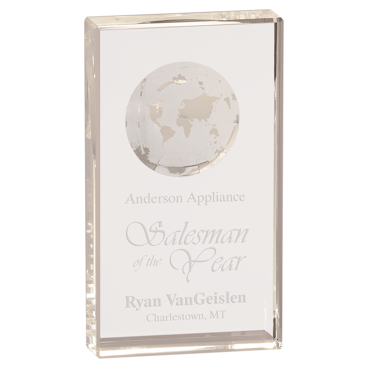 Large Clear Crystal Rectangle with Globe Etching, product photo