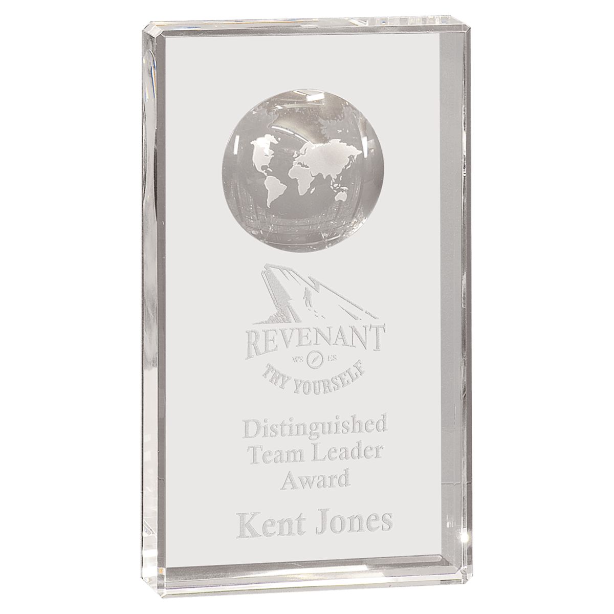 Extra Large Clear Crystal Rectangle with Globe Etching, product photo