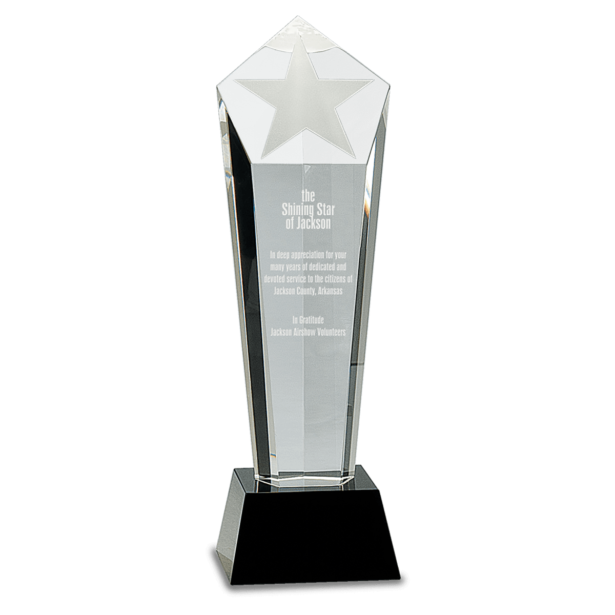 Large Crystal Frosted Star Column on Black Pedestal Base, product photo