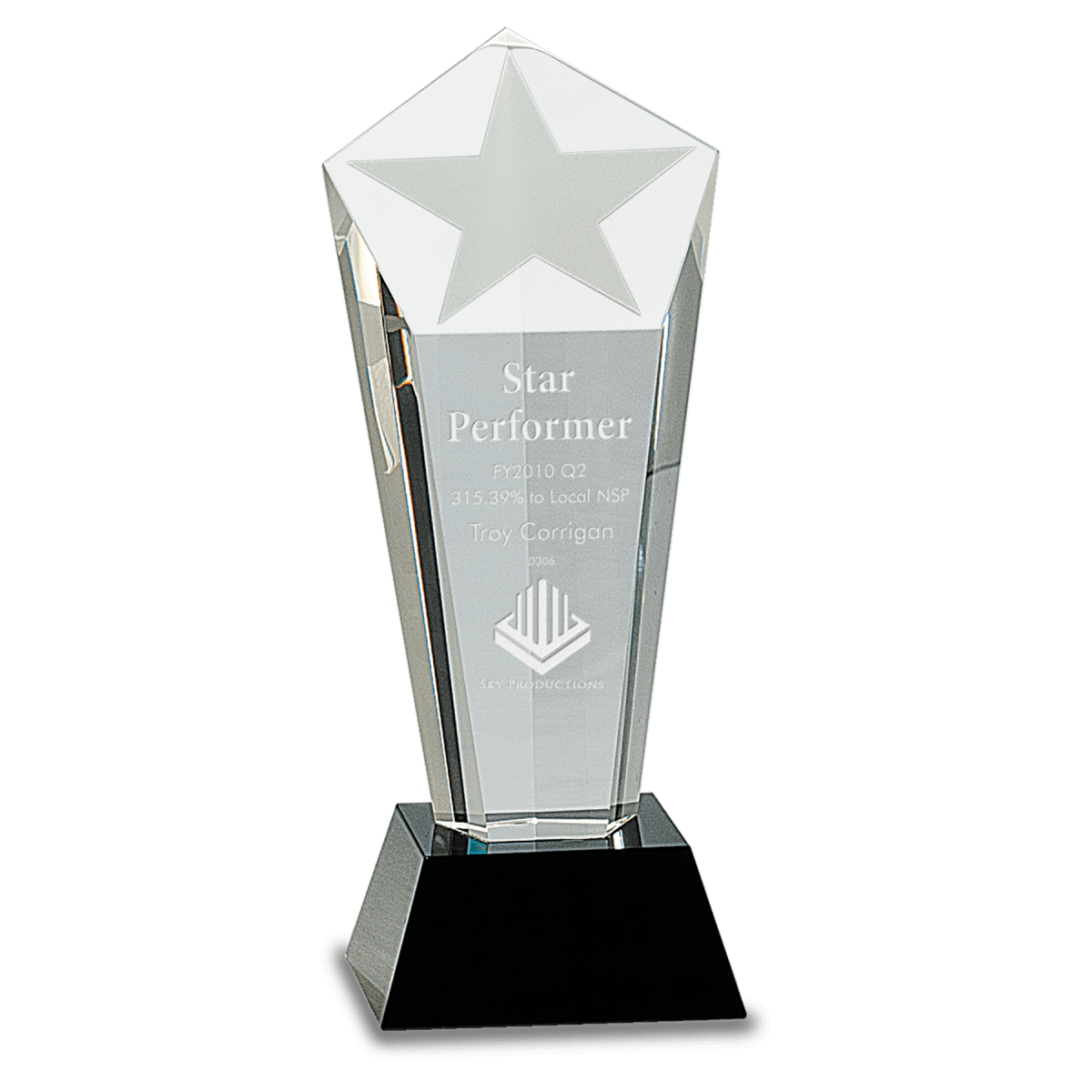 Small Crystal Frosted Star Column on Black Pedestal Base, product photo
