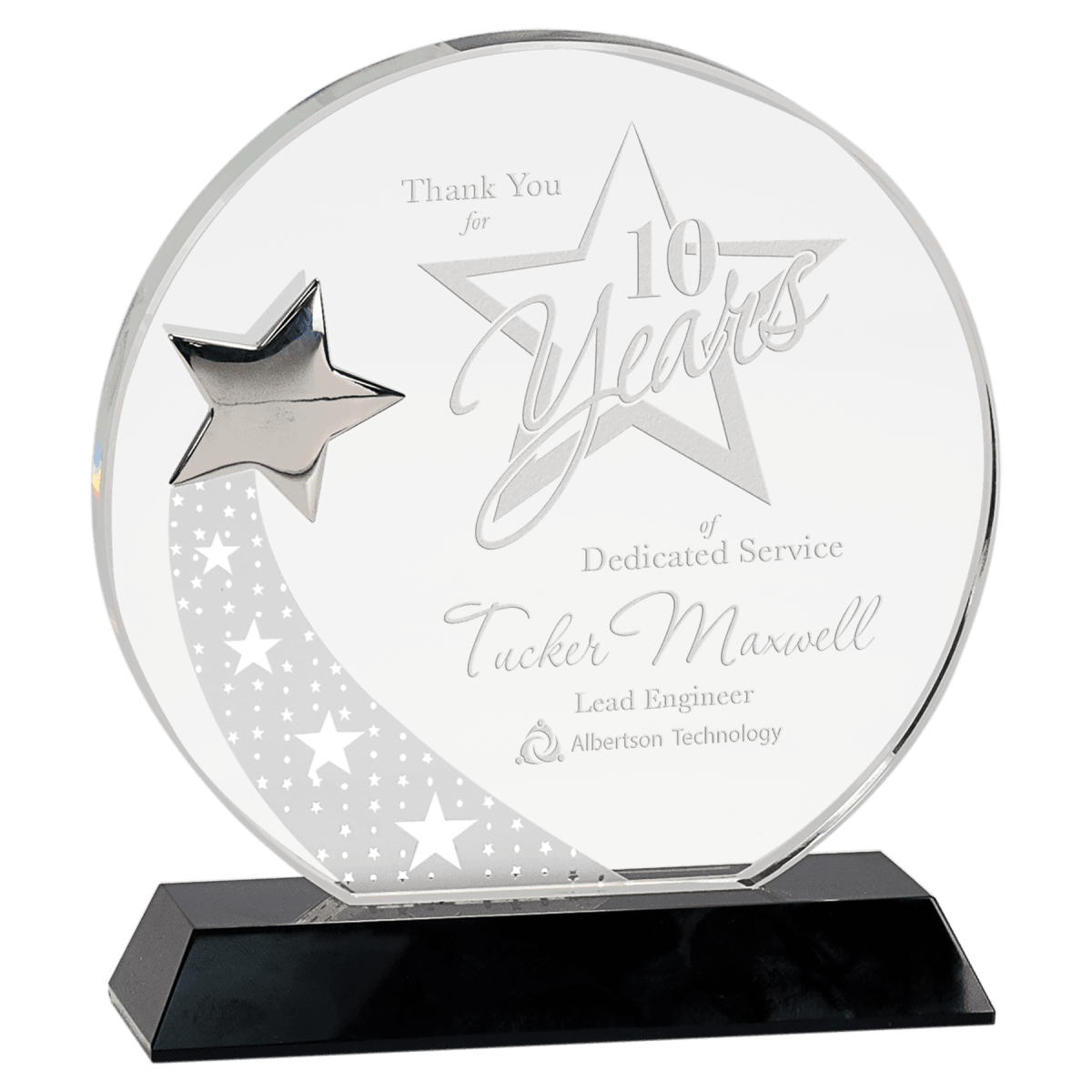 Large Round Crystal with Silver Star on Black Pedestal Base, product photo