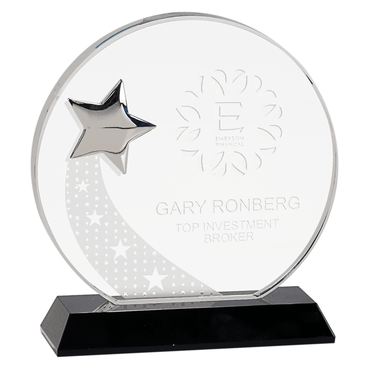 Small Round Crystal with Silver Star on Black Pedestal Base, product photo