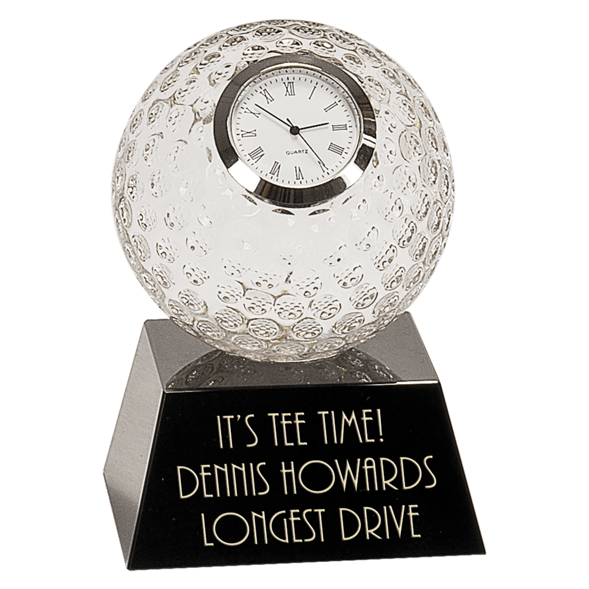 Clear Crystal Golf Ball Clock with Black Pedestal Base, product photo