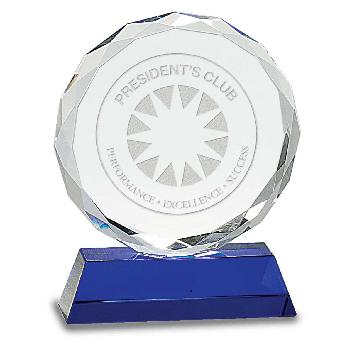 Medium Round Facet Crystal on Blue Pedestal Base, product photo