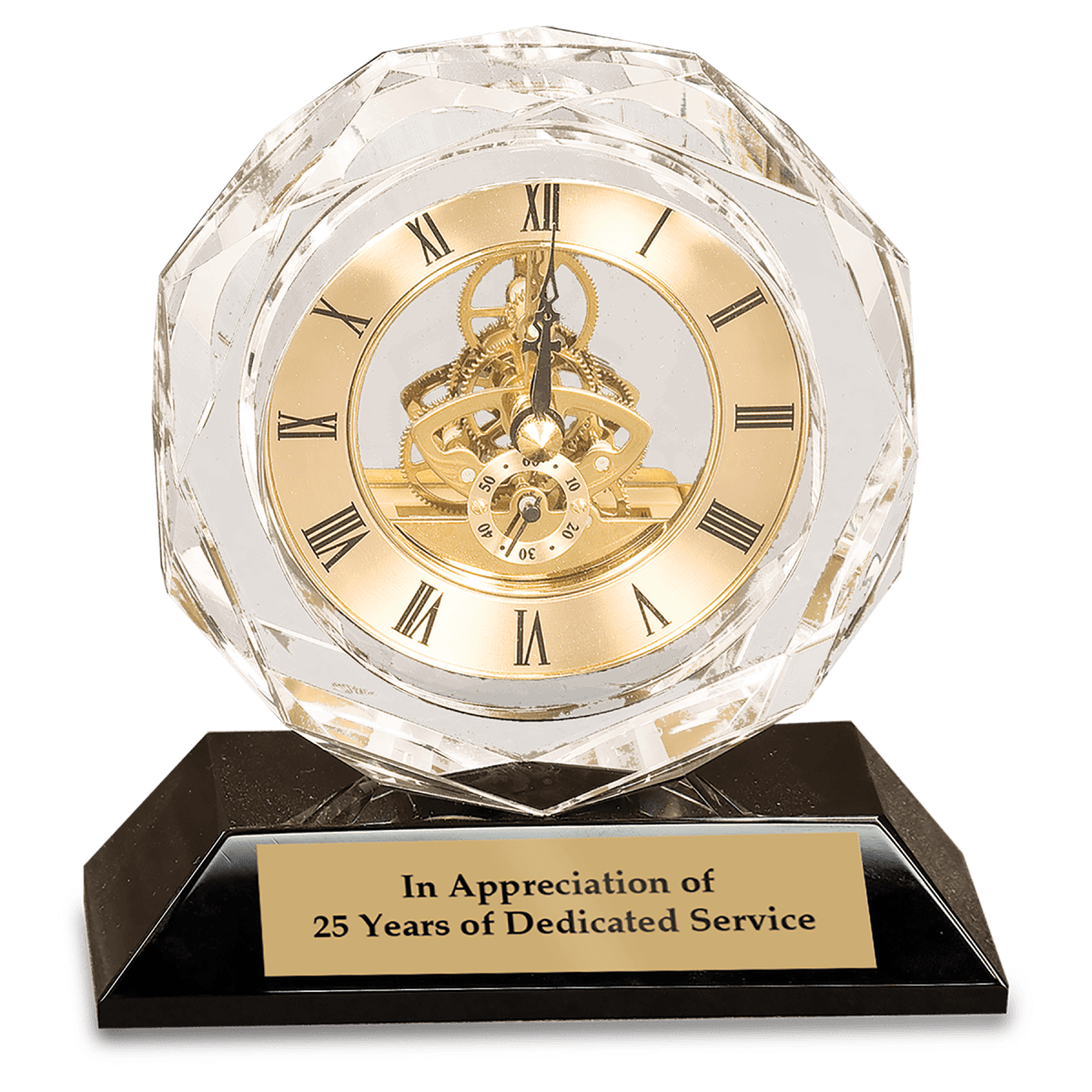 Clear Crystal Clock on Black Pedestal Base, product photo