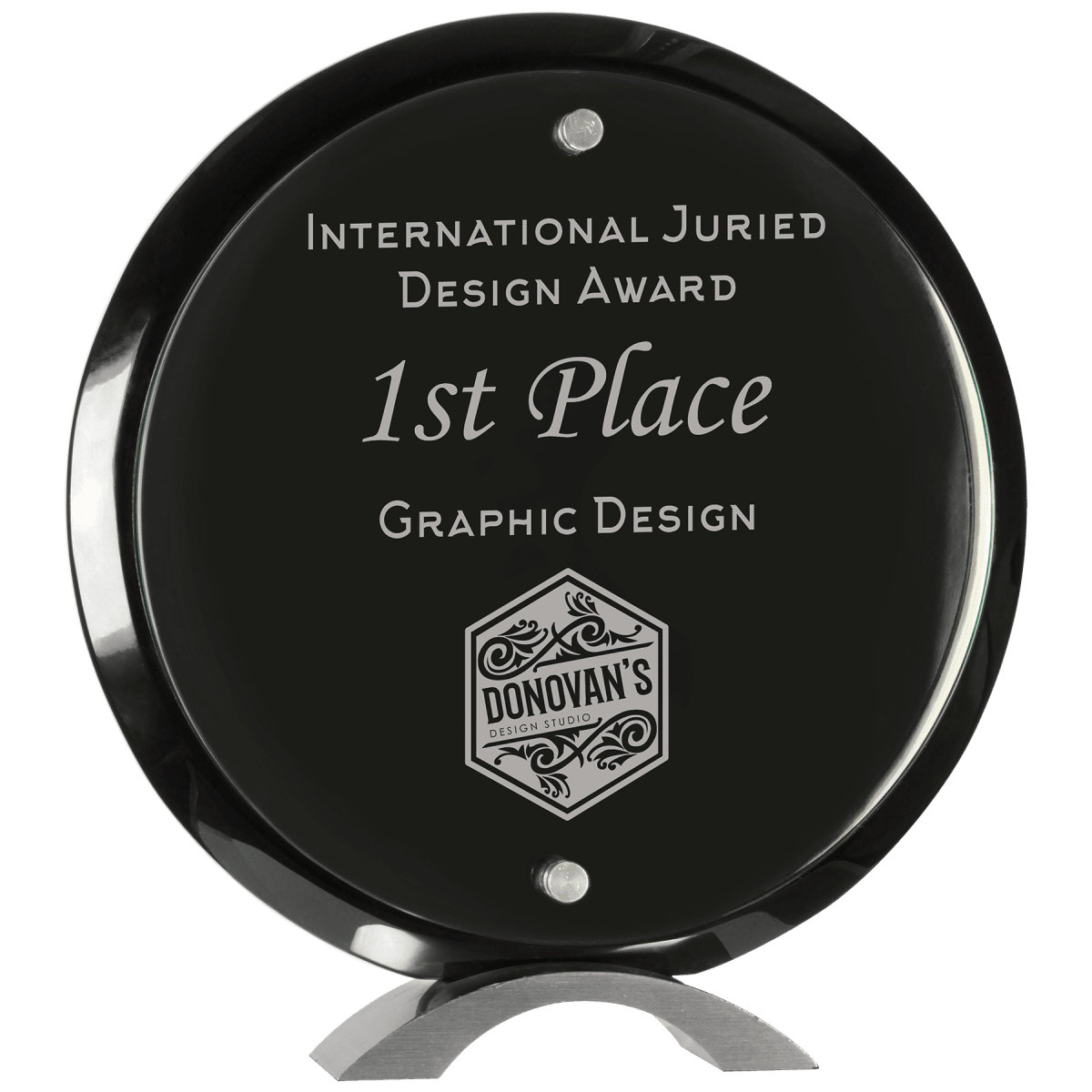 Large Round Black Piano Finish Floating Jade Glass Standup, product photo