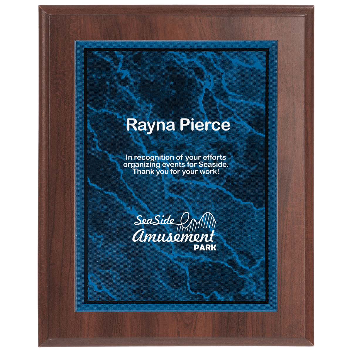 Medium Cherry Finish Plaque with Blue Marble Acrylic Plaque Plate, product photo