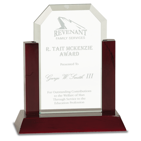 Small Gateway Jade Clip Corner Glass Award with Rosewood Finish Base