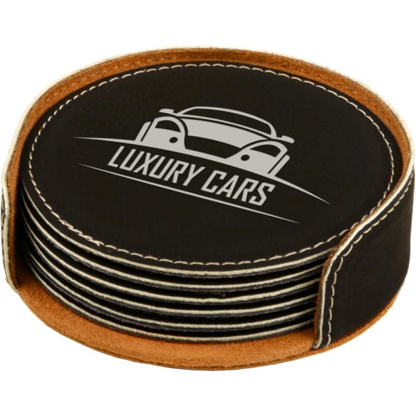 Black/Silver Round Leatherette 6-Coaster Set