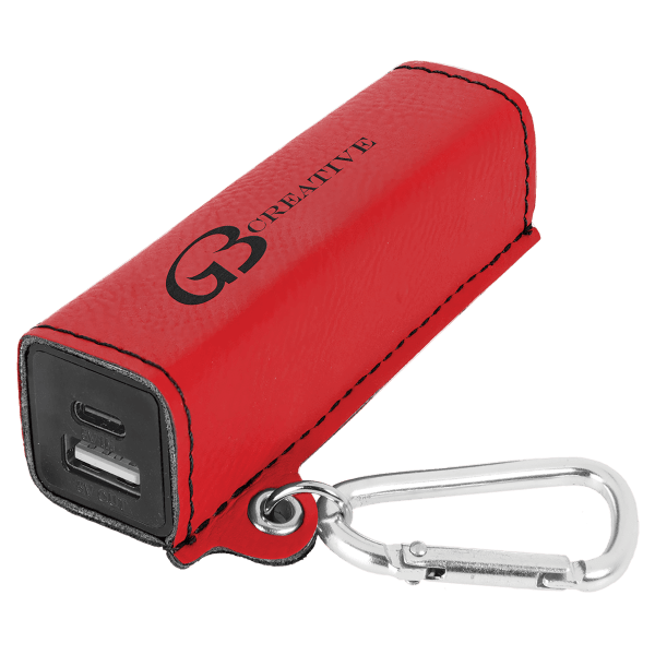 Red Leatherette 2200mAh Power Bank with USB-C Charging Cord and Carabiner