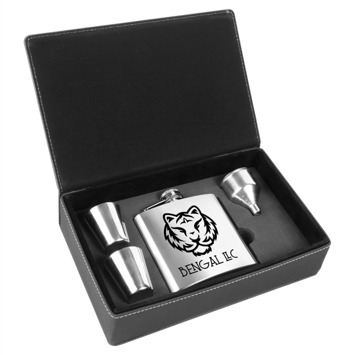 6 oz. Stainless Steel Flask Set in Black/Silver Laserable Leatherette