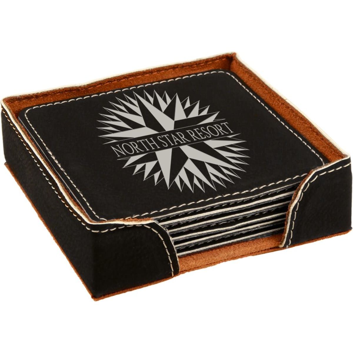 4" x 4" Black/Silver Square Laserable Leatherette 6-Coaster Set