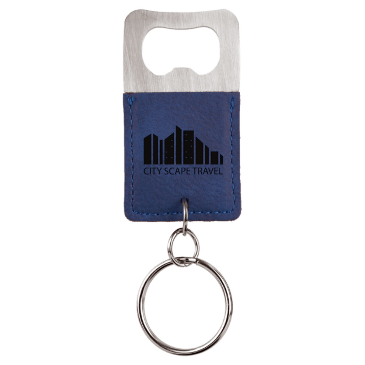 Rectangle Blue/Black Laserable Leatherette Bottle Opener Keychain