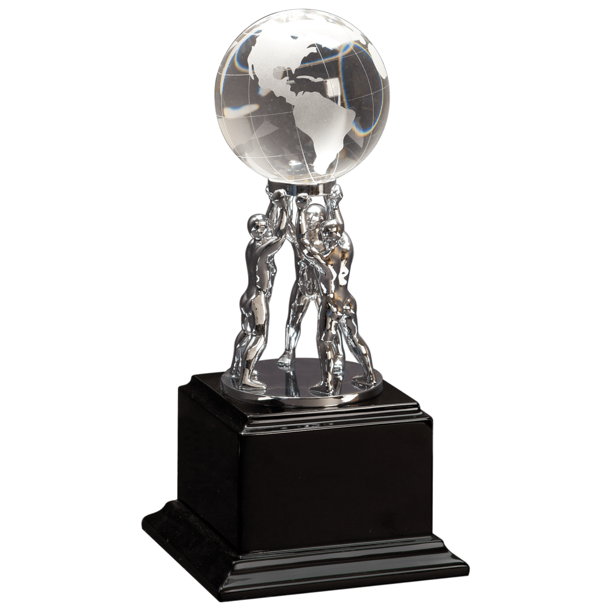 10" Clear Crystal Globe with Silver Men/Stand on Black Piano Finish