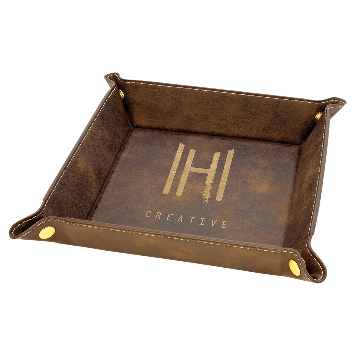 6" x 6" Rustic/Gold Laserable Leatherette Snap Up Tray with Gold Snaps