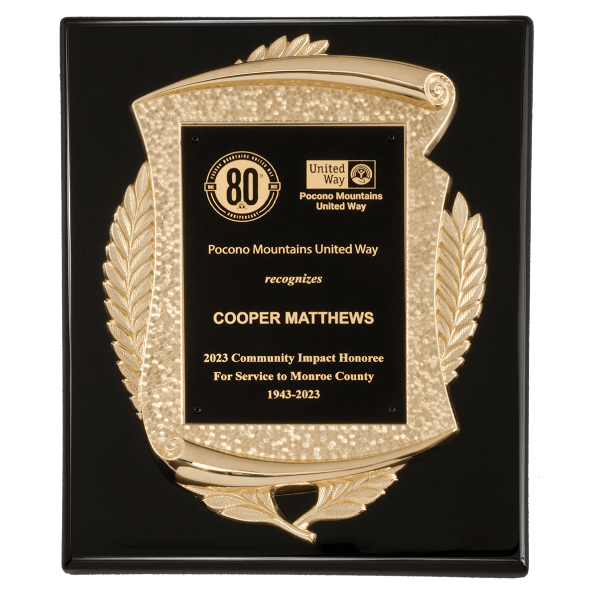 10 1/2" x 13" Black High Gloss Plaque with Metal Gold Scroll Frame