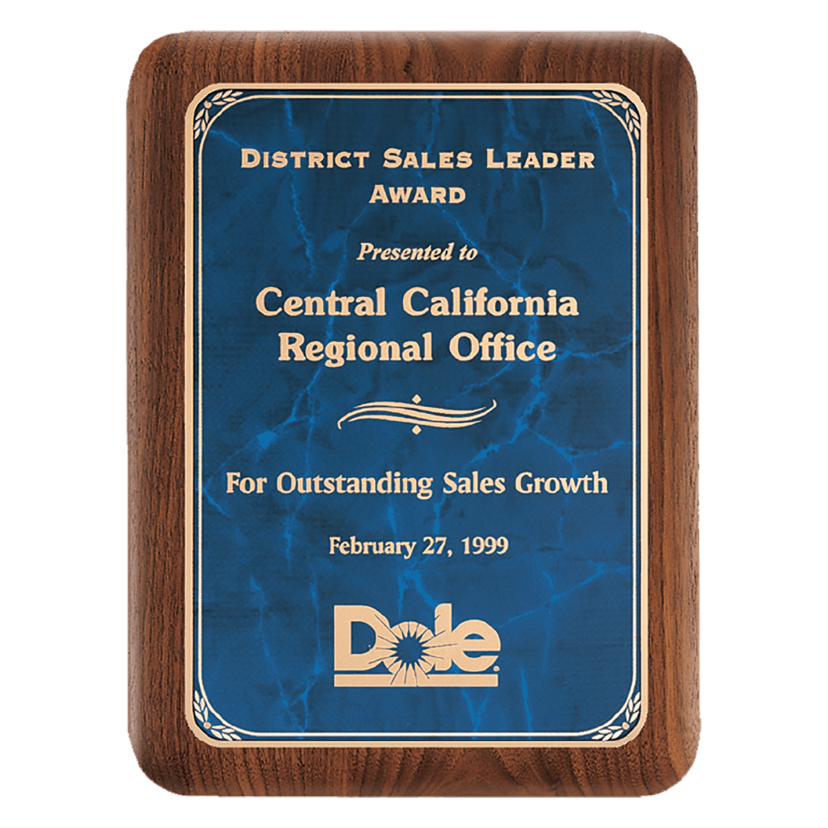 7" X 9" American Walnut Plaque with Gold Border Sapphire Marble