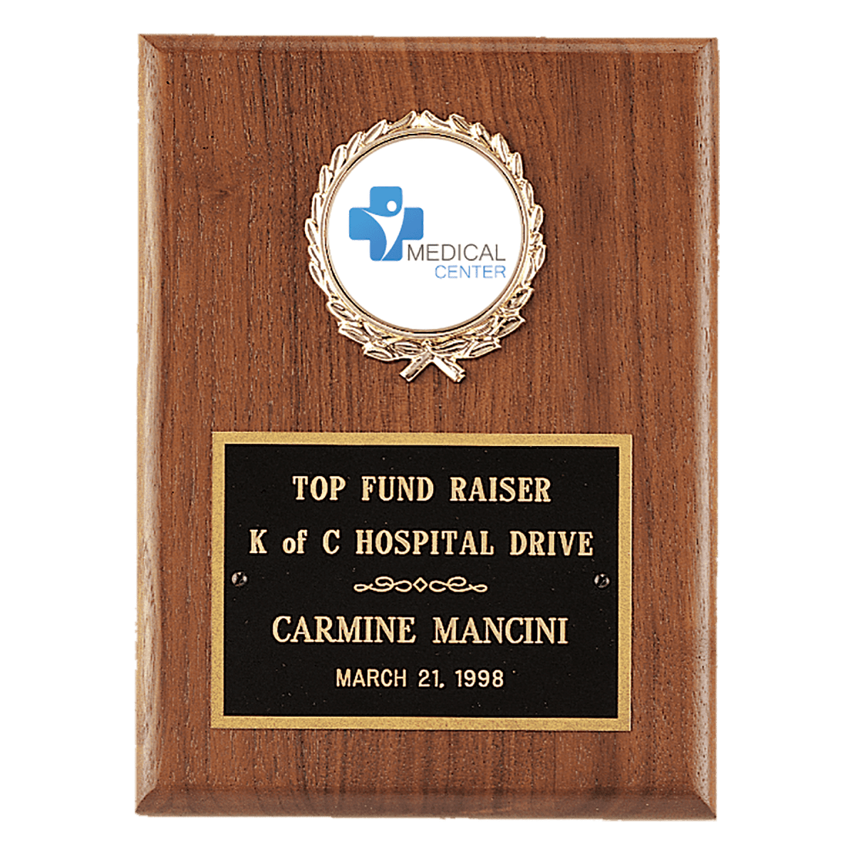 4 1/2" x 6" American Walnut Plaque with Gold Border Black Laserable