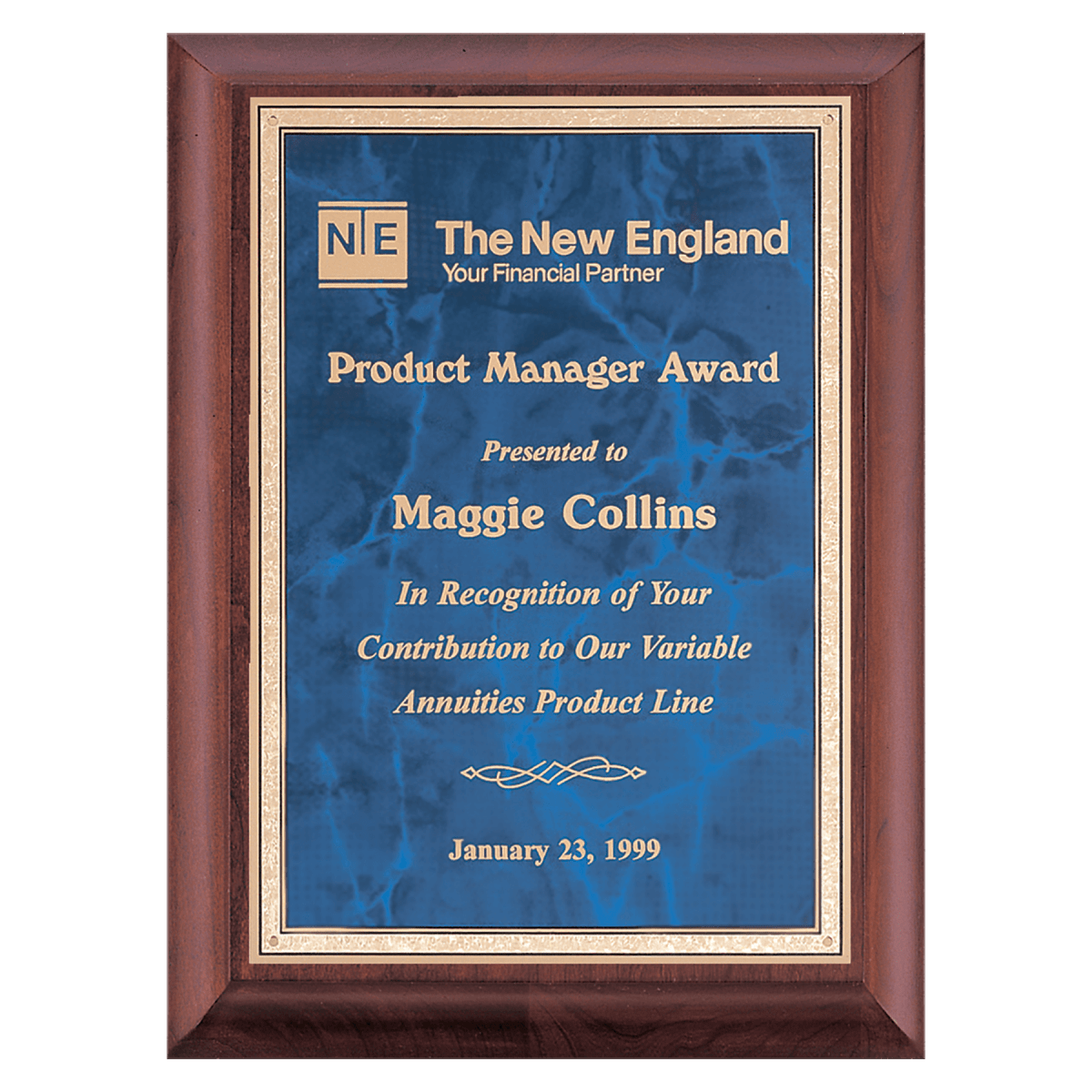 9" x 12" Hand Rubbed Cherry Finish Plaque with Sapphire Marble Gold