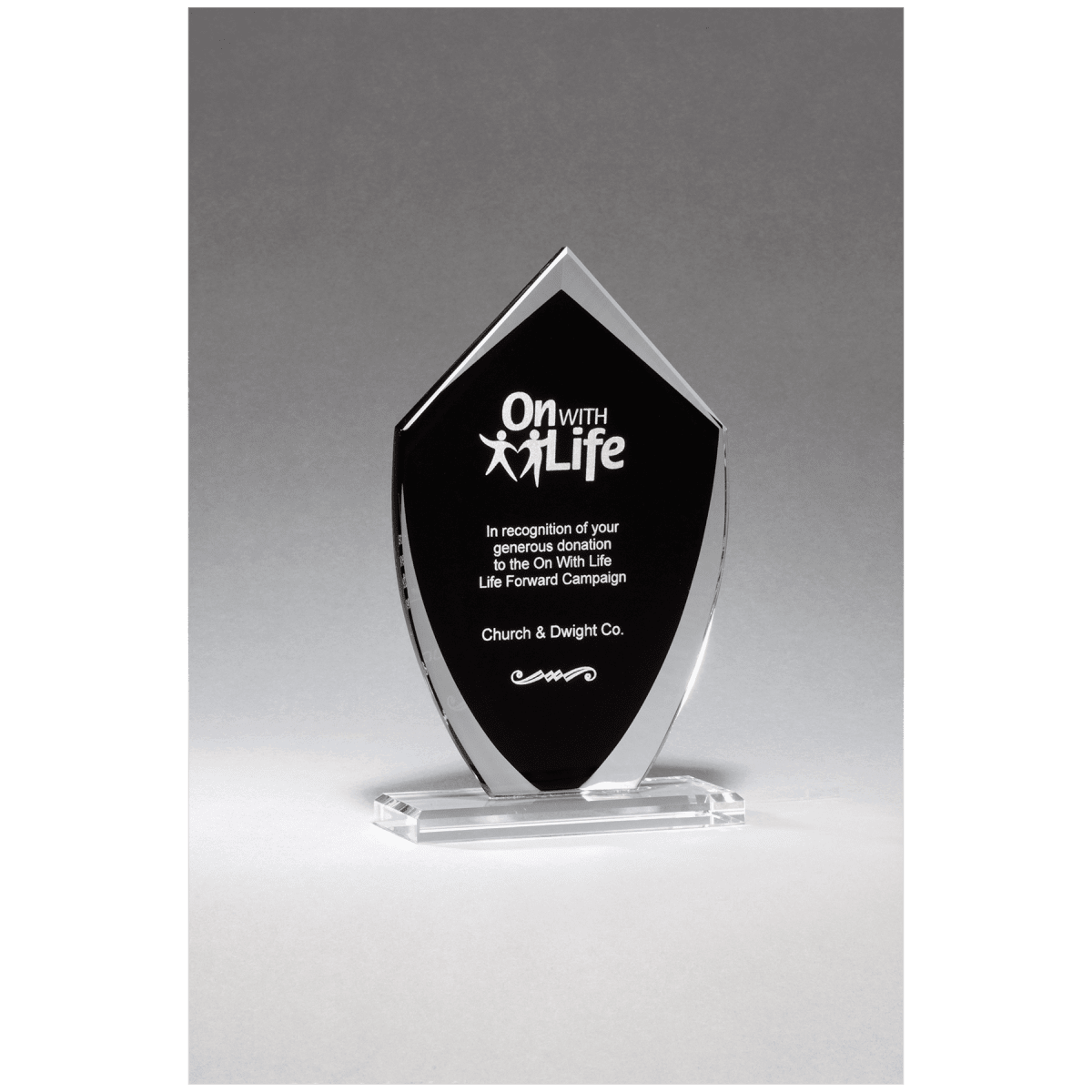 4 1/4" x 7 1/4" Shield Shaped Glass Award with Black Silkscreened
