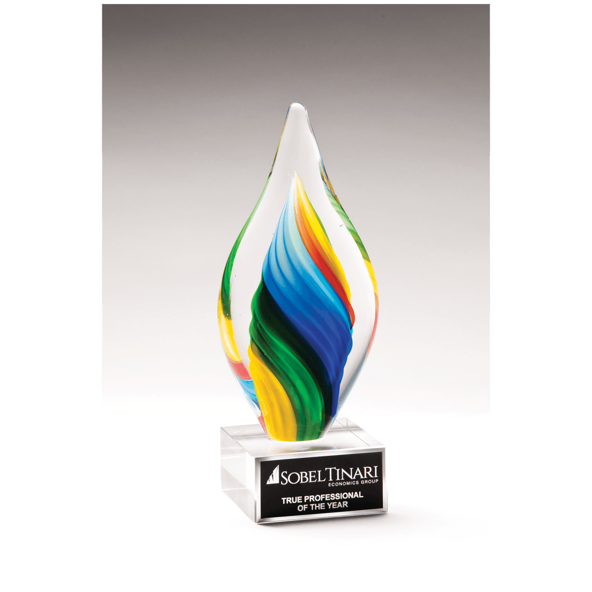 9" Rainbow Twist Art Glass on Clear Glass Base with Black Laserable