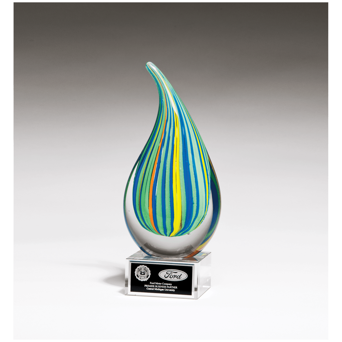 8 1/4" Multi-Colored Teardrop Art Glass on Clear Glass Base with