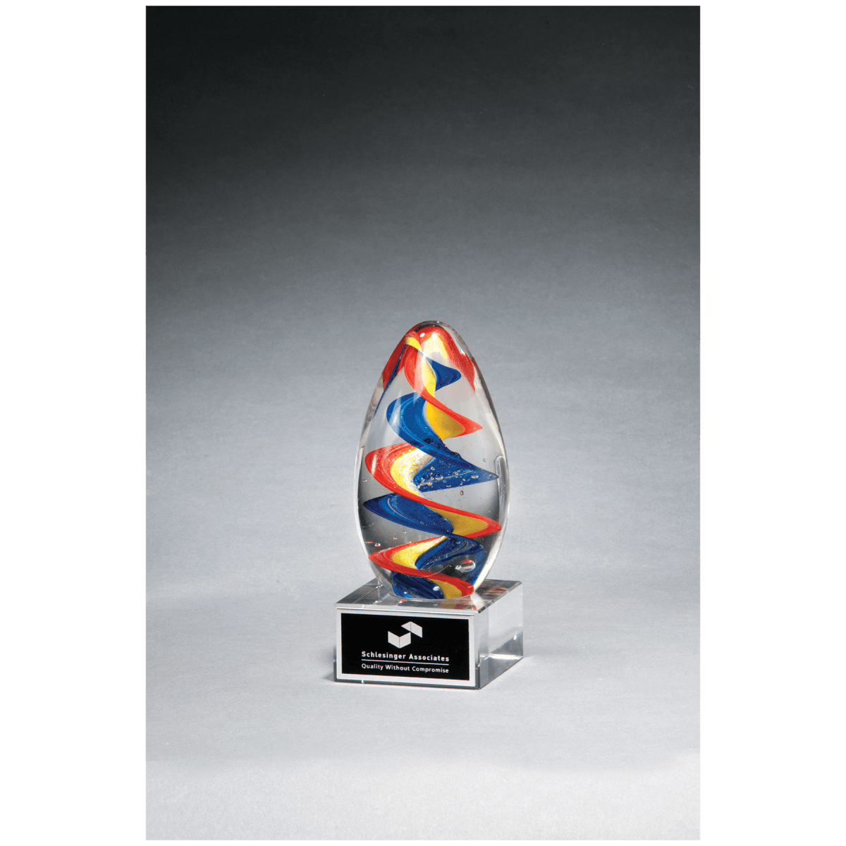 6" Colorful Egg Shaped Art Glass on Clear Glass Base with Black
