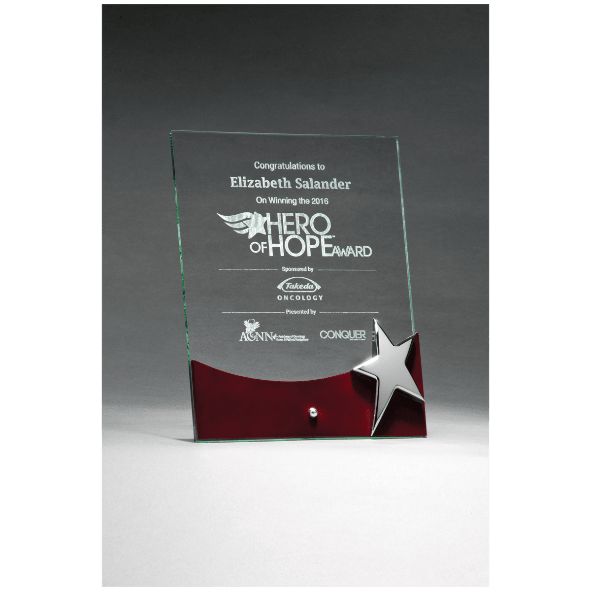 8" x 10" Freestanding Glass Award with High Gloss Rosewood Accent and