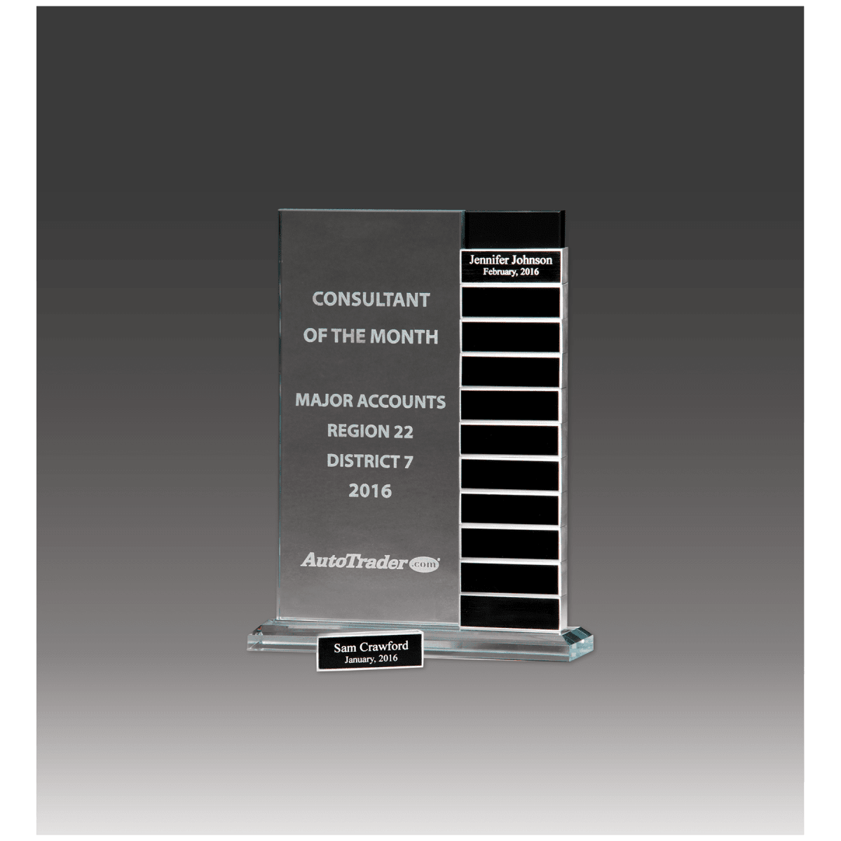 7 1/2" x 10" Jade Glass Perpetual Award with 12 Individual Aluminum