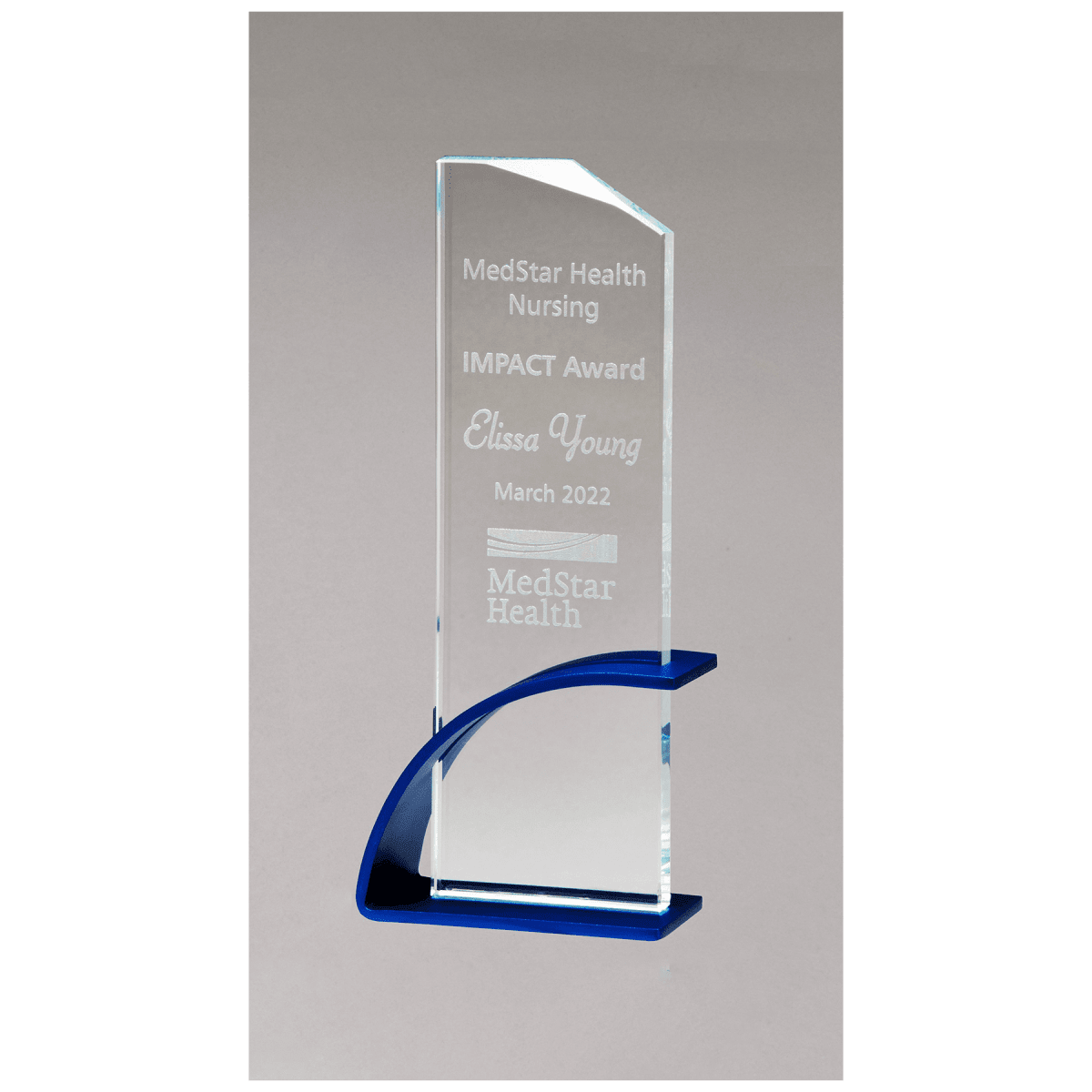 3 7/8" x 10 1/8" x 1/2" Thick Blue Contemporary Clear Glass Award