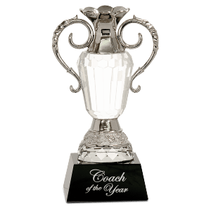 8" Crystal Cup with Silver Metal Handles on Black Pedestal Base