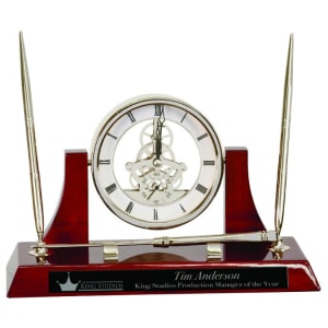 Executive Piano Finish Clock Desk Set w/2 Pens & Letter Opener Silver/Rosewood