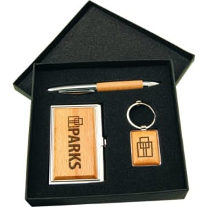 Metal/Wood Gift Set with Business Card Case, Pen, and Keychain