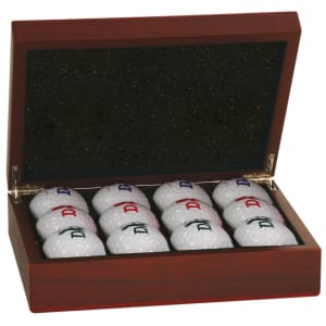 Rosewood Finish Golf Ball Box holds 12 gold balls, not included