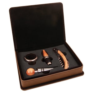 Dark Brown Leatherette 4-Piece Wine Tool Set