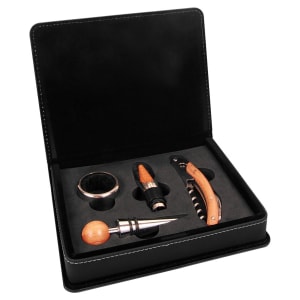 Black/Gold Leatherette 4-Piece Wine Tool Set