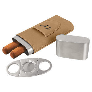 Light Brown Leatherette Cigar Case with Cutter