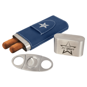 Blue/Silver Leatherette Cigar Case with Cutter