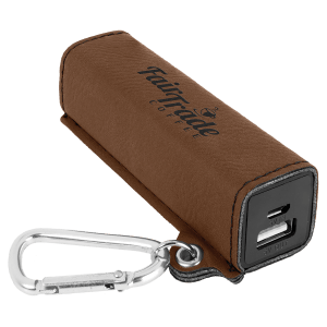 Dark Brown Leatherette Power Bank with Charging Cord ad Carabiner