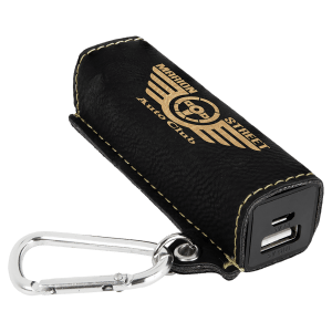 Black/Gold Leatherette Power Bank with Charging Cord and Carabiner